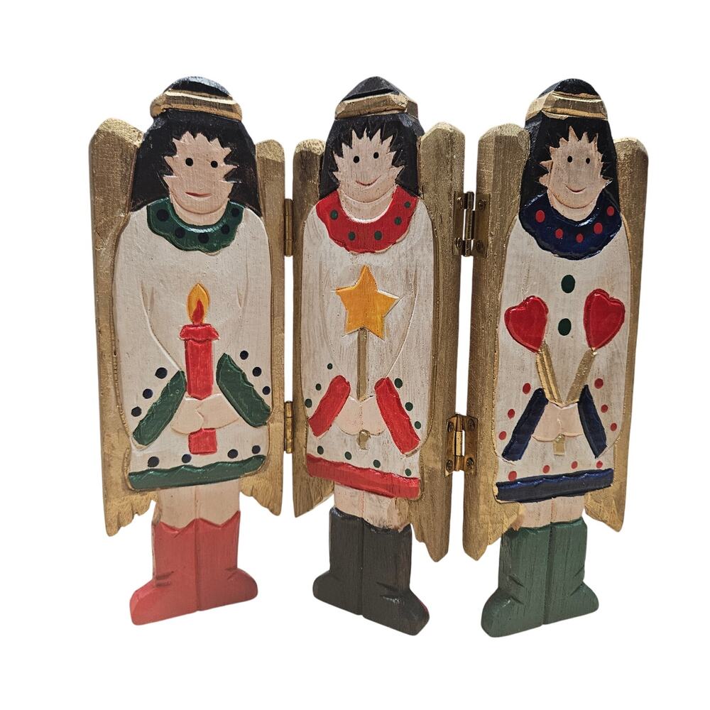 Vintage Holiday Angels Wooden Folding 3 Panel Mini Screen Christmas Table Decor